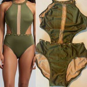 Custom solo dance costume leotard embellished olive green gold rhinestone SA